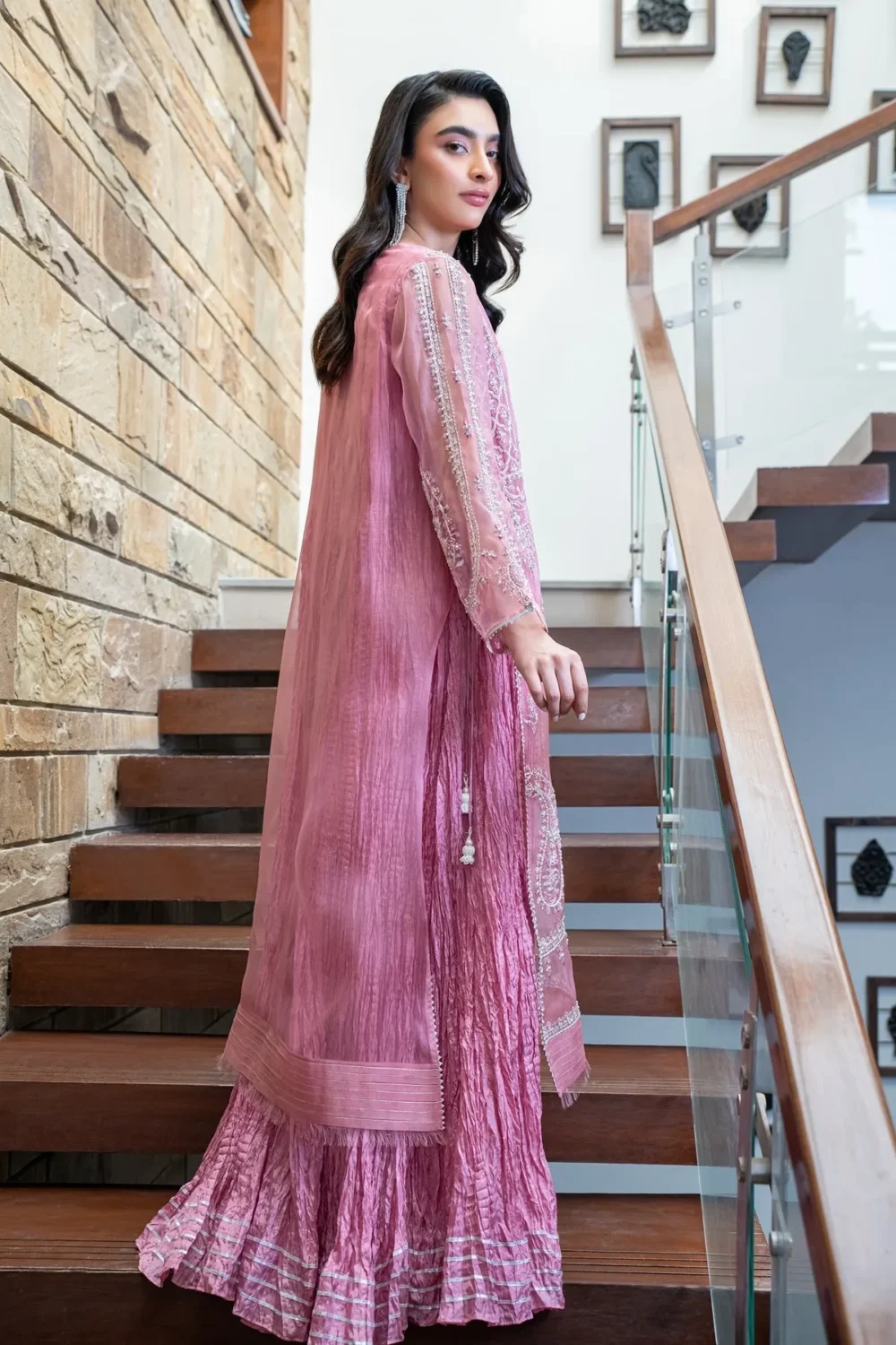 Ivory Organza shirt with handwork and sparkling stones, styled with a crushed inner lehenga