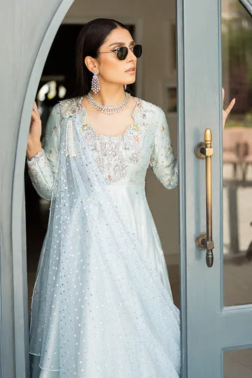Ice Blue Masuri Kalidar Gown – Hand-Embroidered✨ 30% OFF! Ice Blue Masuri Kalidar Gown with Statement Shoulder Motif and Sheer Draped Dupatta"