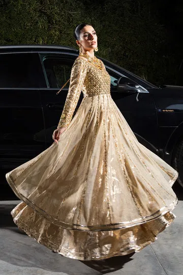 GOLD MASURI NET KALIDAR DRESS perfect for weddings and celebrations.