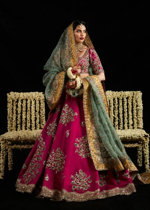 Deep Pink Satin Silk Lehenga with Intricate Hand-Embellishments