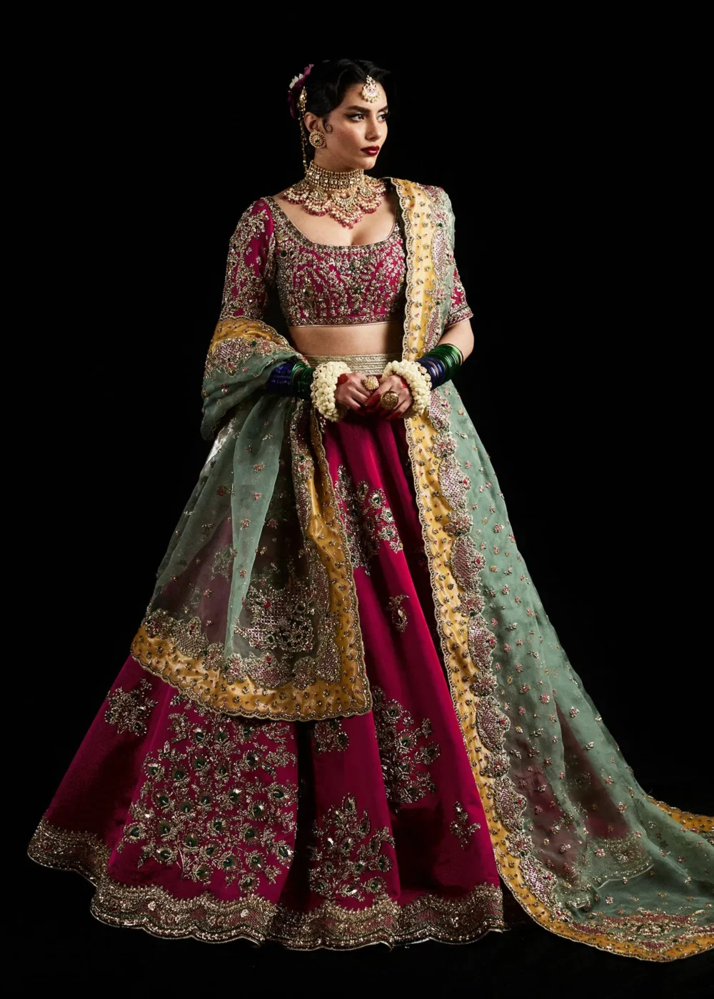 Deep Pink Satin Silk Lehenga with Intricate Hand-Embellishments Deep Pink Satin Silk Lehenga with Intricate Hand-Embellishments