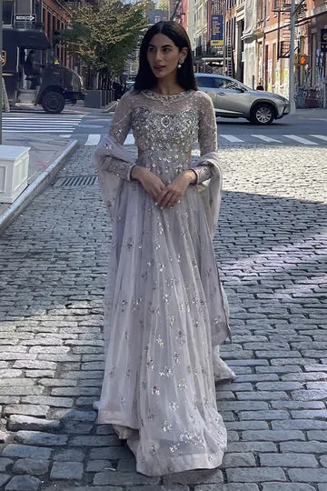 Grey French Net Kalidaar – Handcrafted Floral Motifs with Waist Cutout