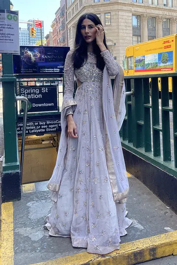 Grey French Net Kalidaar – Detailed Floral Embroidery and Waist Cutout