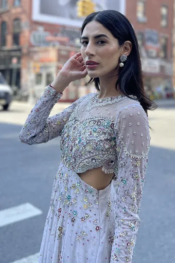 Grey French Net Kalidaar – Intricate Floral Embroidery on Waist Cutout Design