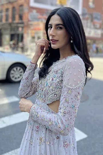 Grey French Net Kalidaar – Floral Hand Embroidery with Waist Cutout Design