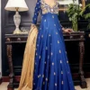Cobalt Blue Raw Silk Kalidaar Front View – Hand-Embroidered Floral Motifs