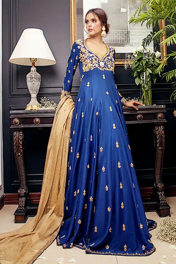Cobalt Blue Raw Silk Kalidaar Front View – Hand-Embroidered Floral Motifs