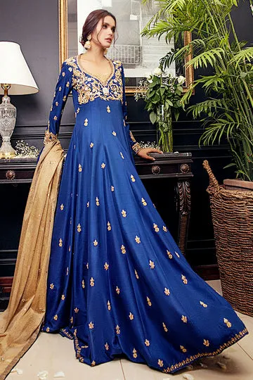 Cobalt Blue Raw Silk Kalidaar with Golden Maysoori Dupatta – Hand-Embroidered Motifs