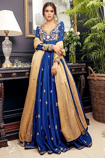 Cobalt Blue Raw Silk Kalidaar Full Length with Golden Dupatta – Elegant and Traditional Look