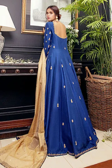 Cobalt Blue Raw Silk Kalidaar – Detailed Thread Work in Light Pink and Mint Green Alt Text: Cobalt Blue Raw Silk Kalidaar with Golden Maysoori Dupatta – Hand-Embroidered