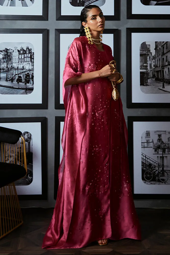 French Pink Tissue Silk Kaftan with Hand-Embroidered Embellishments