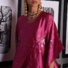 French Pink Tissue Silk Kaftan with Hand-Embroidered Embellishments