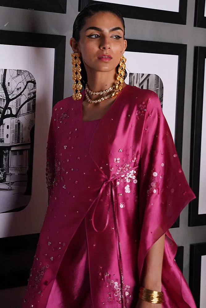 French Pink Tissue Silk Kaftan with Hand-Embroidered Embellishments