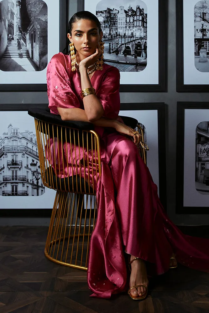 French Pink Tissue Silk Kaftan with Hand-Embroidered Embellishments