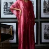 French Pink Tissue Silk Kaftan with Hand-Embroidered Embellishments
