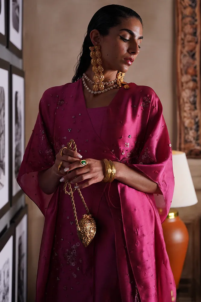 French Pink Tissue Silk Kaftan with Hand-Embroidered Embellishments