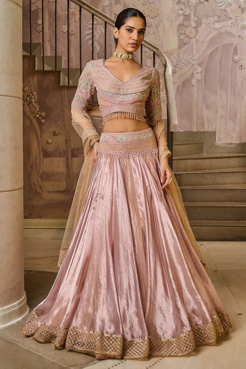 2️⃣ Blush Multi Bridal Lehenga with Tulle Dupatta