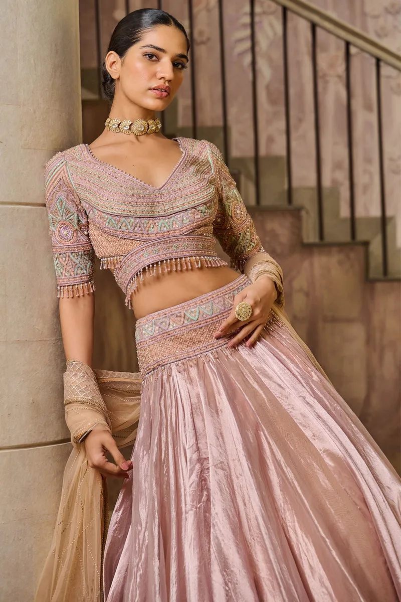 1️⃣ Blush Multi Zardozi Lehenga with Silk Tissue Fabric