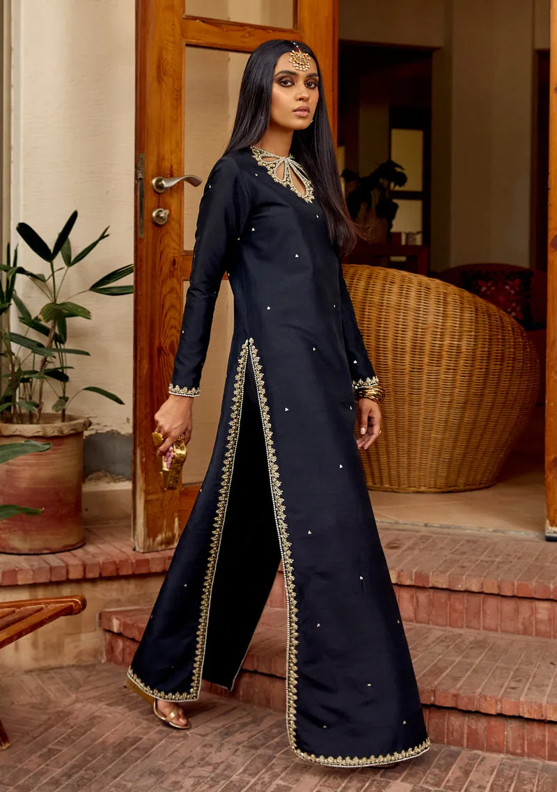 Embellished Raw Silk Cutout Shirt with Cigarette Pants – Close-up of the signature cutout neckline with detailed kora, dabka, and pearl embellishments.
