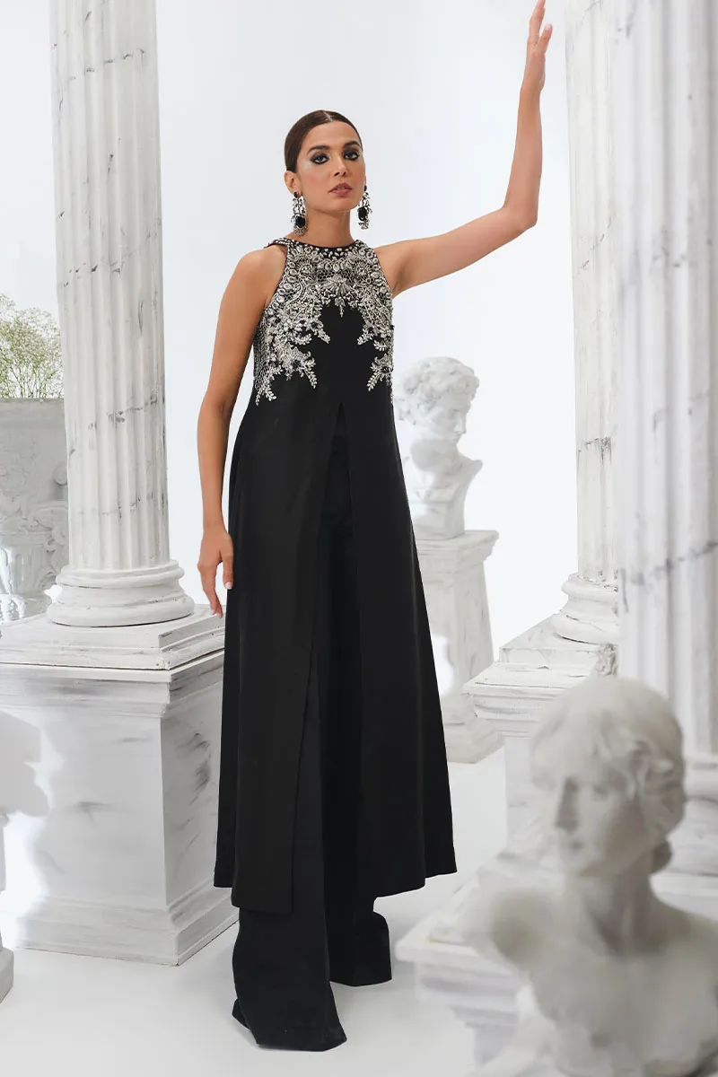 Black Raw Silk Short Shirt with Silver Embellishments