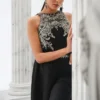 Black Raw Silk Short Shirt with Silver Embellishments