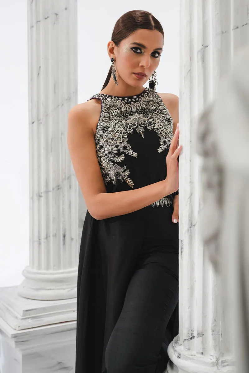 Black Raw Silk Short Shirt with Silver Embellishments