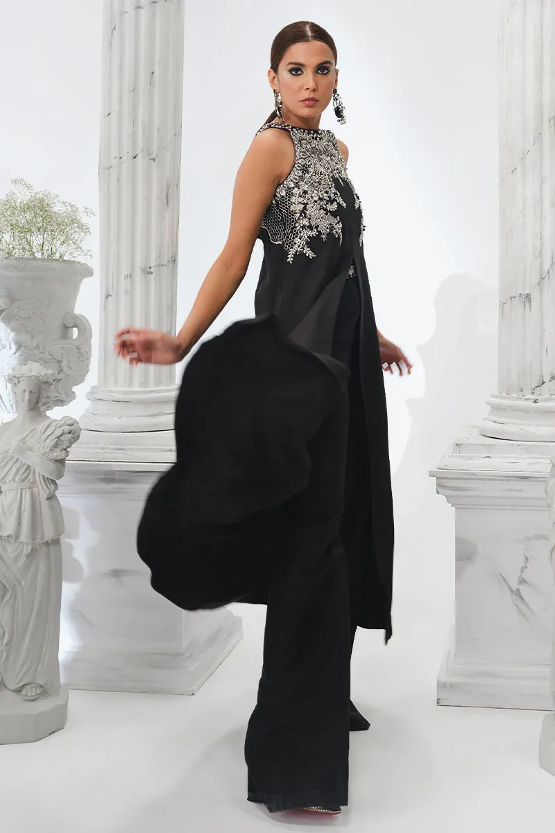 Black Raw Silk Short Shirt with Silver Embellishments