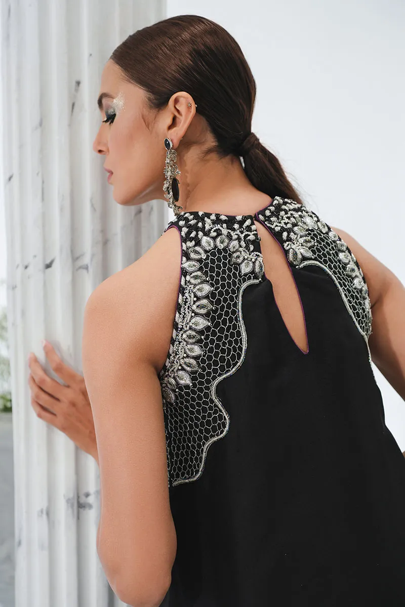 Black Raw Silk Short Shirt with Silver Embellishments