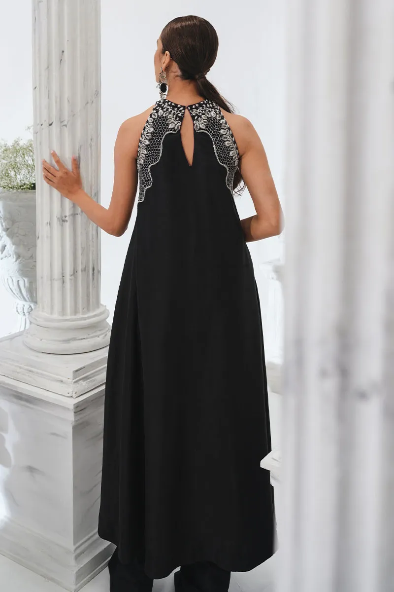 Black Raw Silk Short Shirt with Silver Embellishments