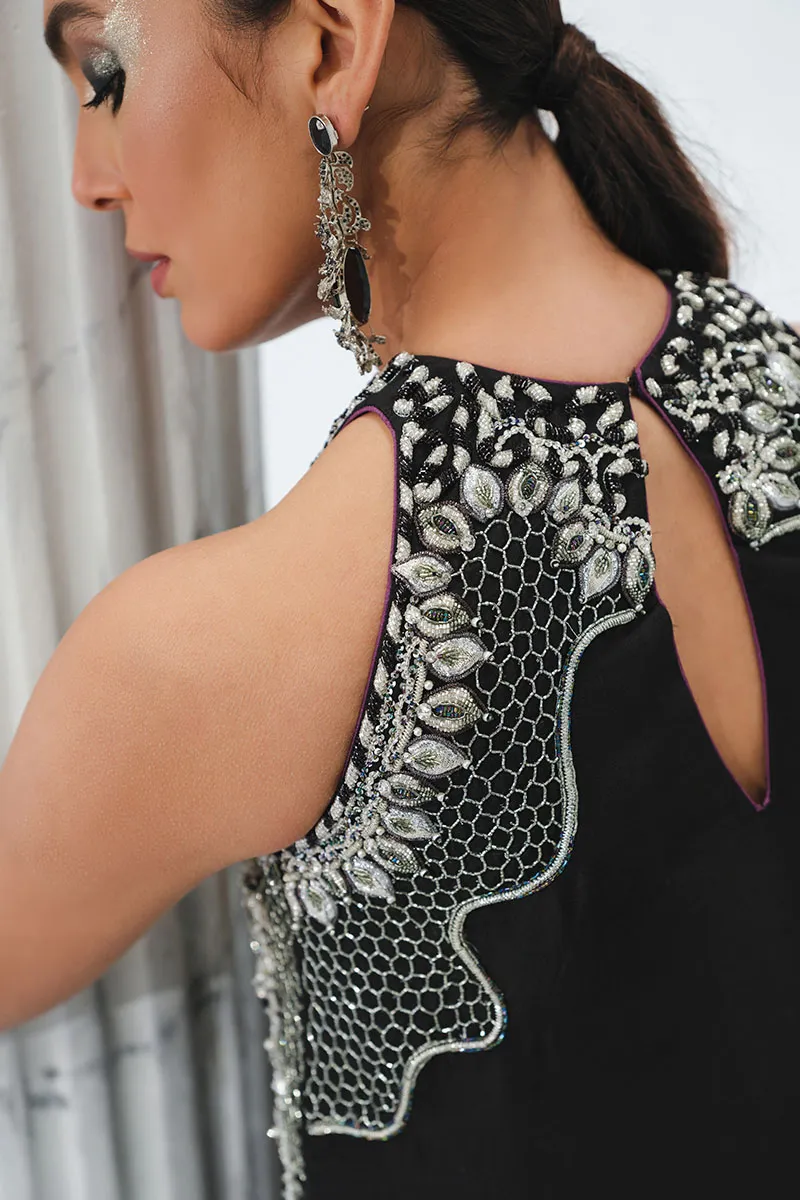 Black Raw Silk Short Shirt with Silver Embellishments