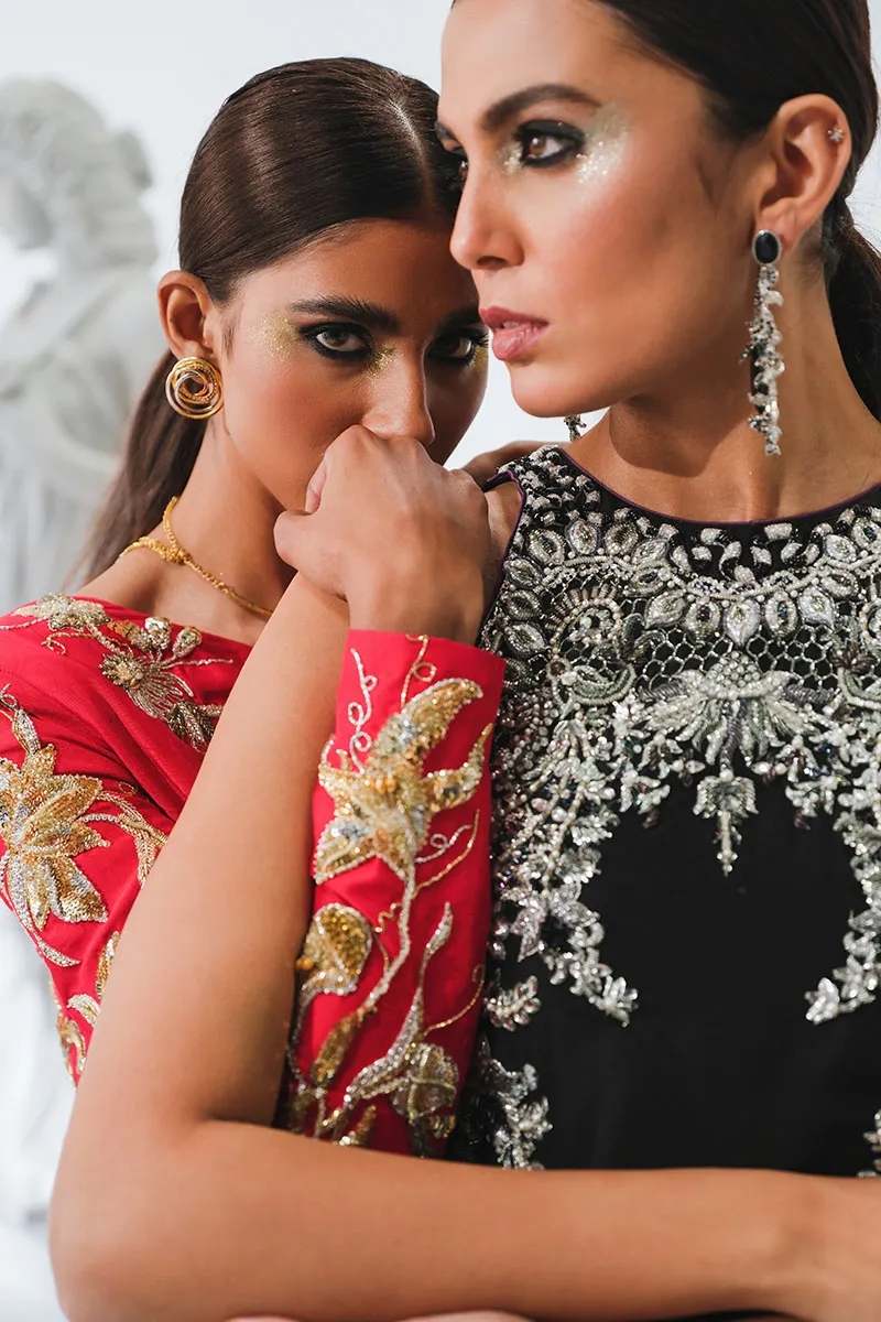 Black Raw Silk Short Shirt with Silver Embellishments