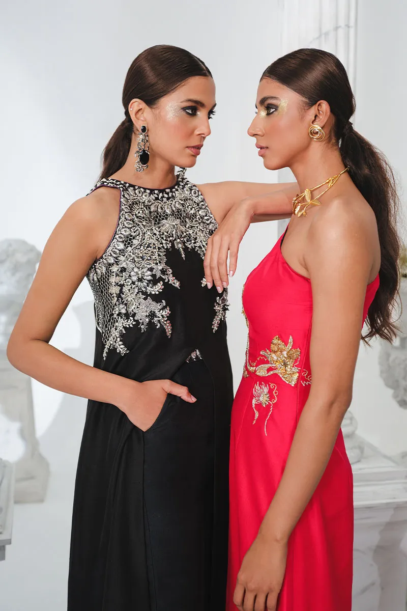 Black Raw Silk Short Shirt with Silver Embellishments