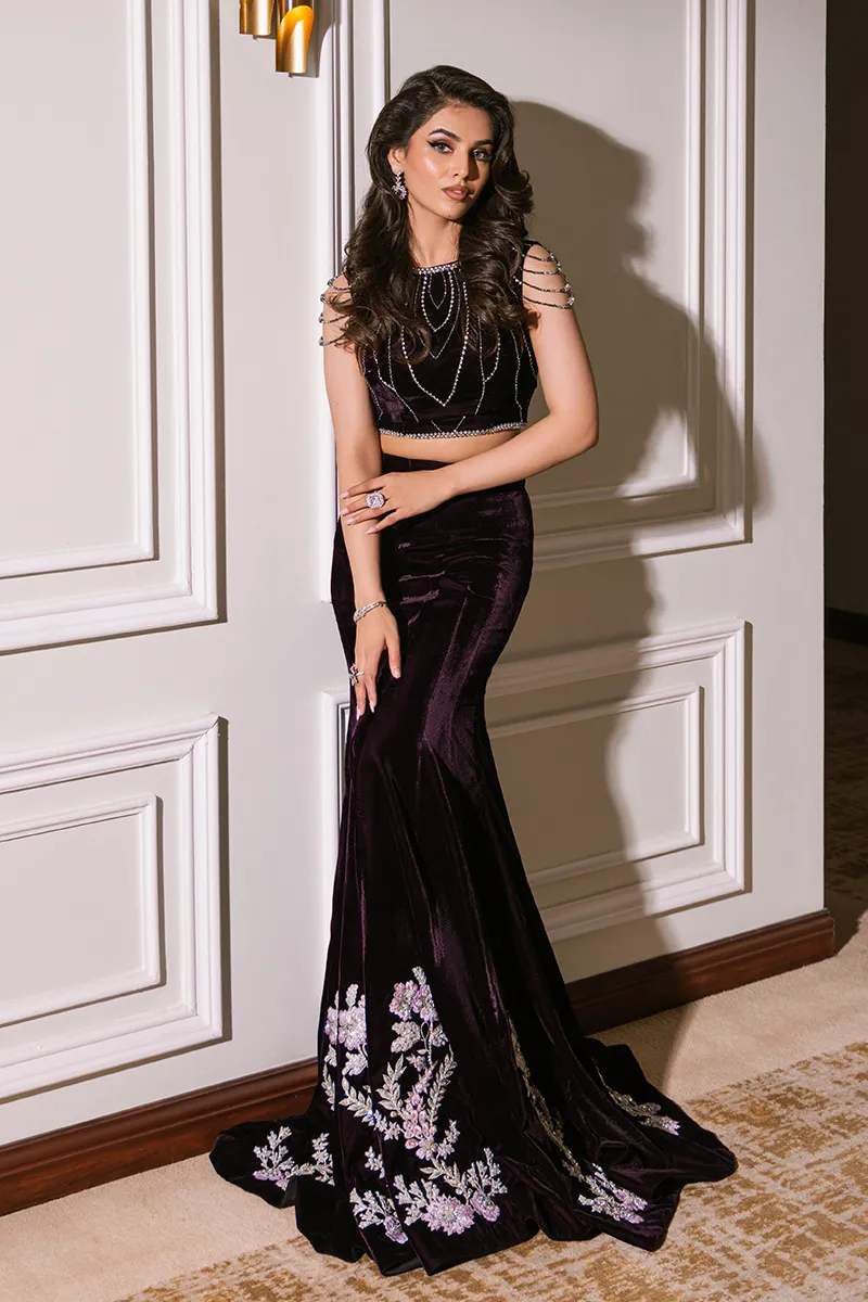 Dark Purple Velvet Fish Tail Lehenga & Blouse