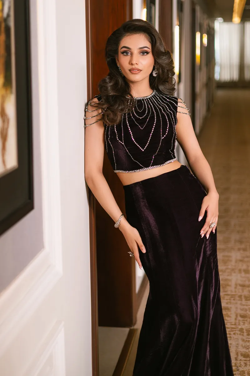 Dark Purple Velvet Fish Tail Lehenga & Blouse