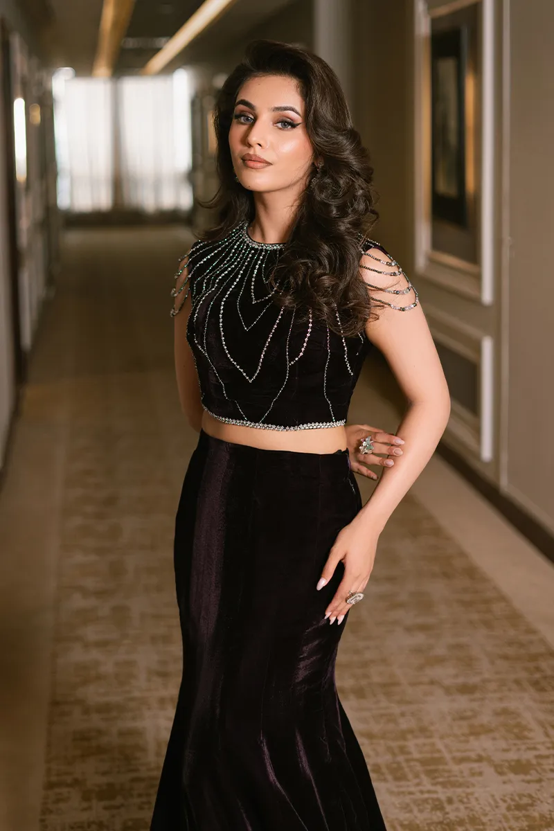 Dark Purple Velvet Fish Tail Lehenga & Blouse