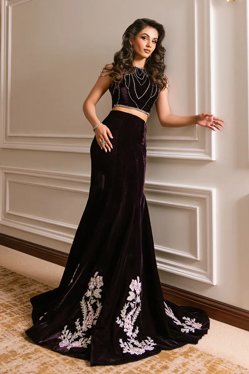 Dark Purple Velvet Fish Tail Lehenga & Blouse