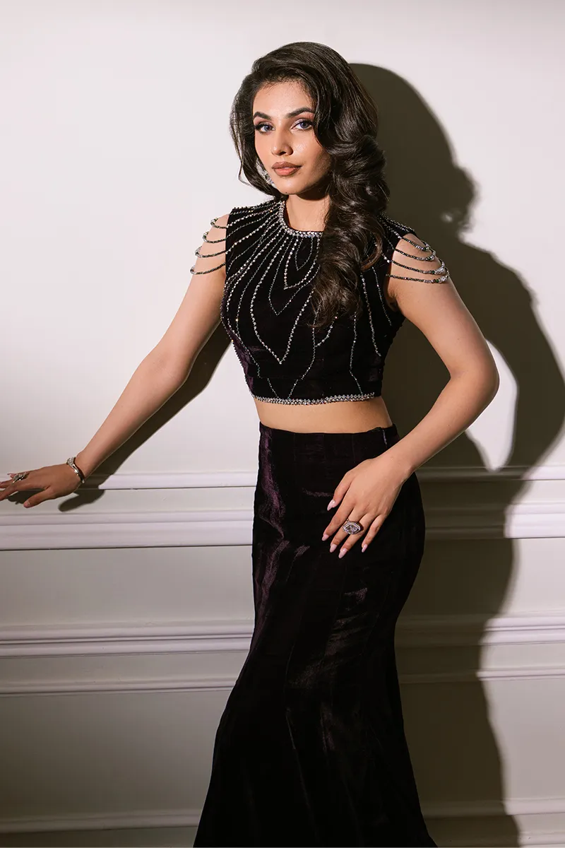 Dark Purple Velvet Fish Tail Lehenga & Blouse