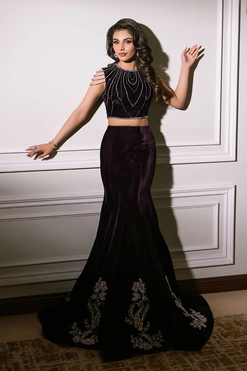 Dark Purple Velvet Fish Tail Lehenga & Blouse