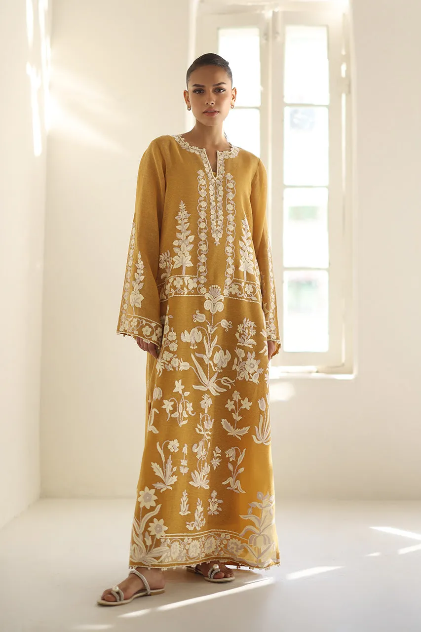 Embroidered Mustard Dress Floral