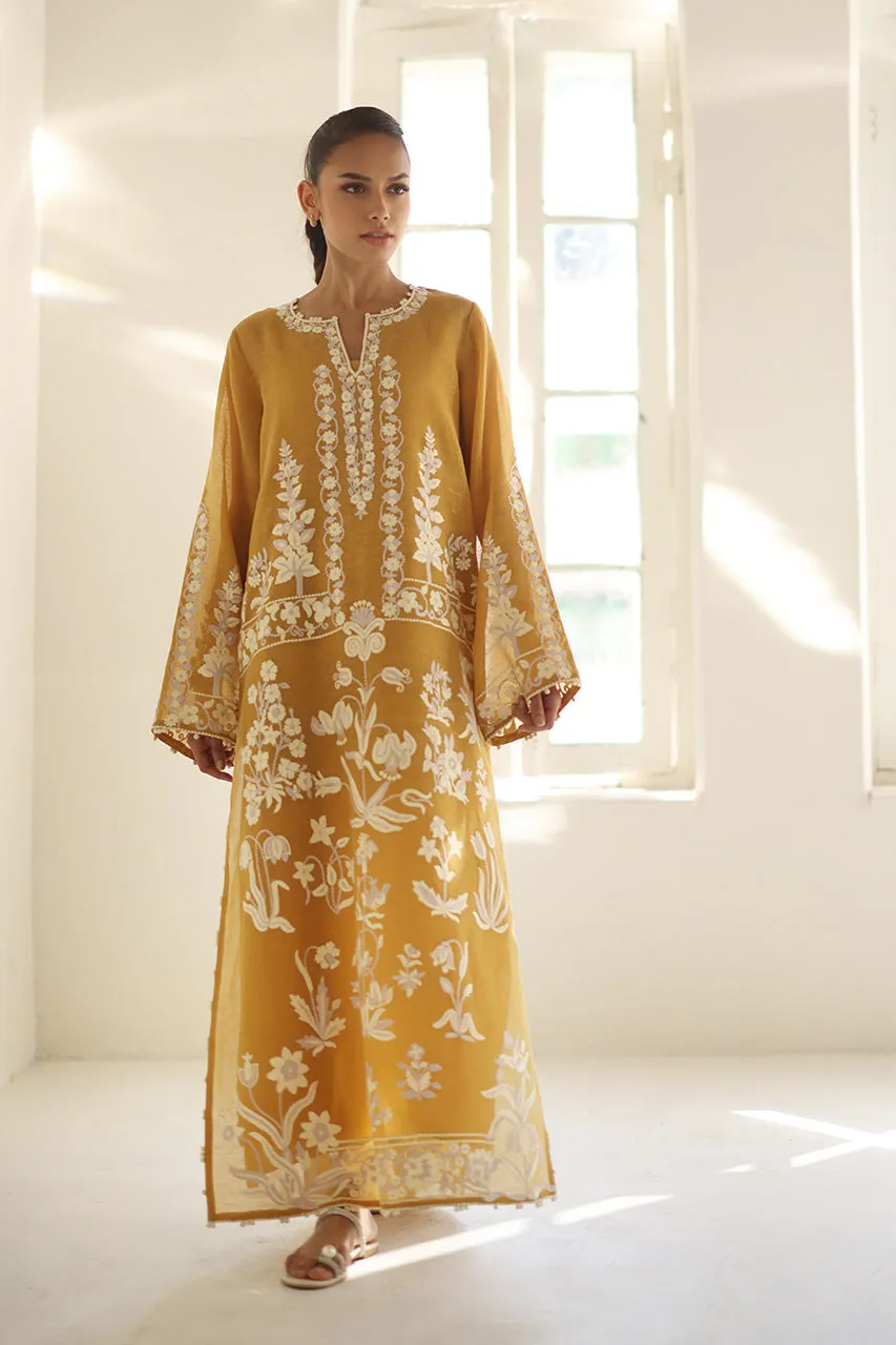 Embroidered Mustard Dress Floral