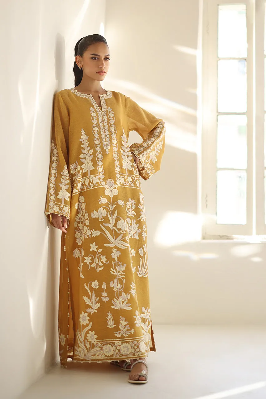Embroidered Mustard Dress Floral
