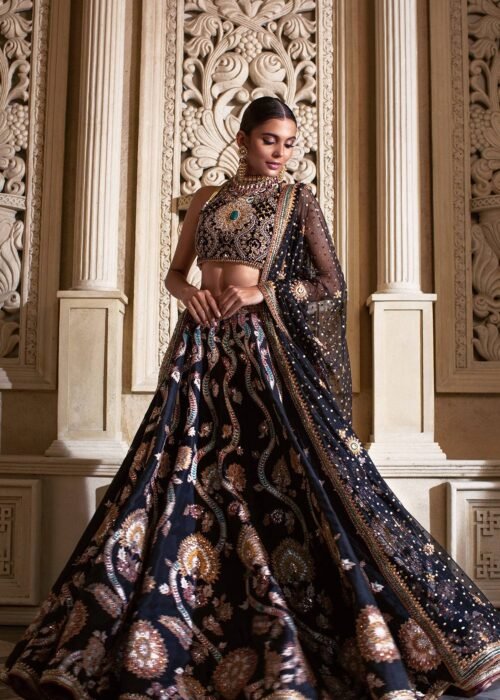 Black Lehenga Choli – with Gold Embroidery and Emerald Stone