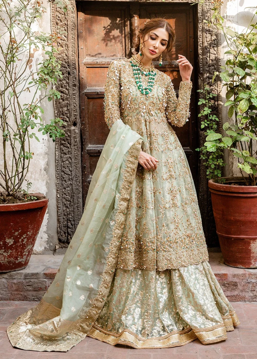 Mint Green Hand-Embellished Frock with Lehenga and Dupatta" Mint Green Hand-Embellished Frock with Lehenga and Dupatta"