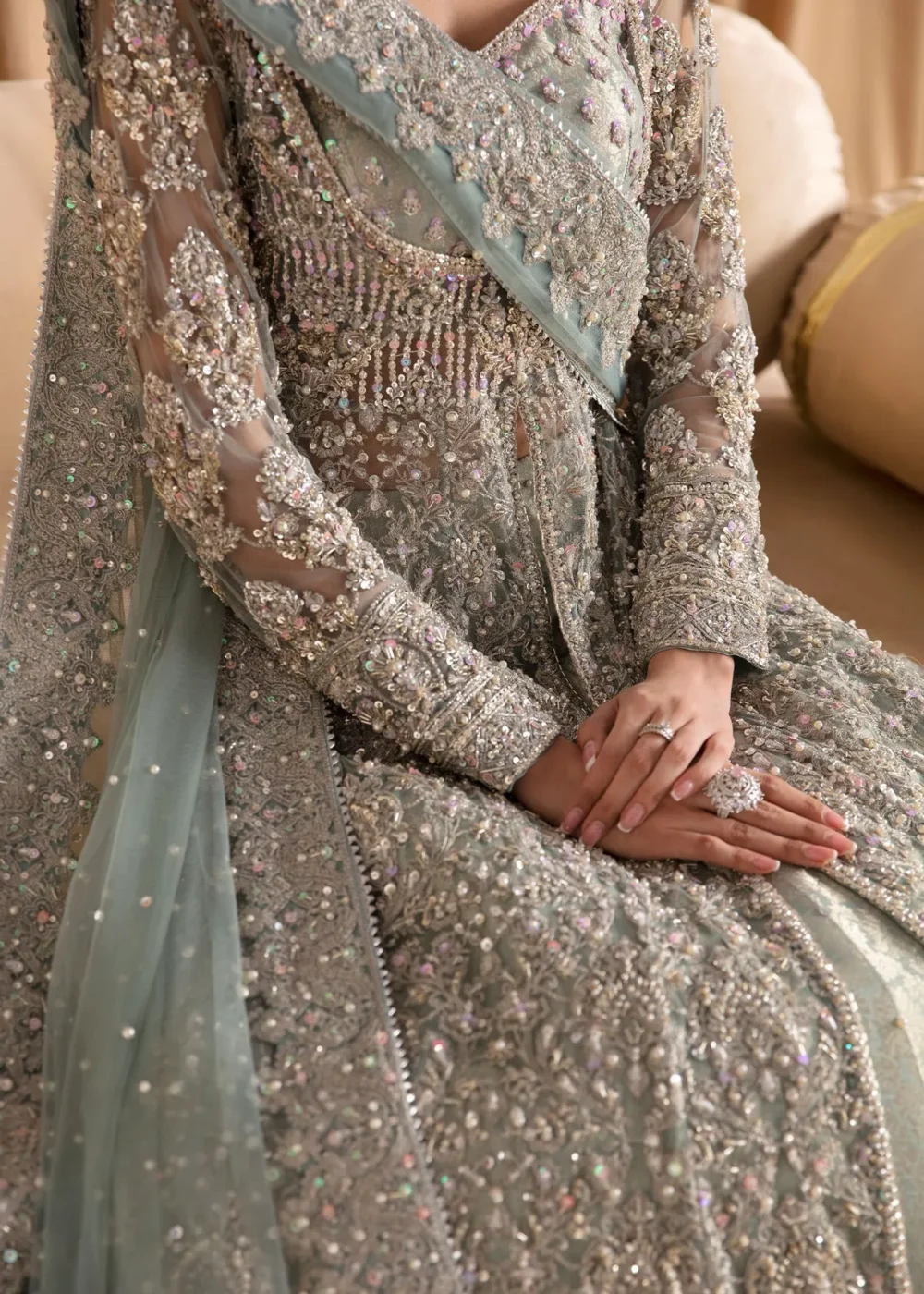 Light Blue Pishwas with Lehenga, showcasing intricate design and voluminous lehenga"