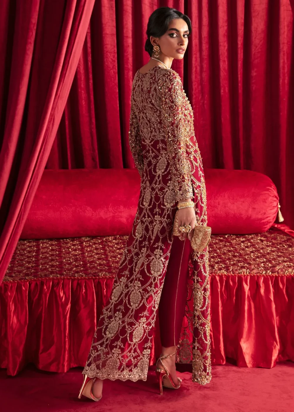 "Berry red organza long dress with intricate embellishments and sequins" "Berry red organza long dress with intricate embellishments and sequins"