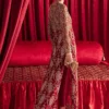"Berry red organza long dress with intricate embellishments and sequins" "Berry red organza long dress with intricate embellishments and sequins"
