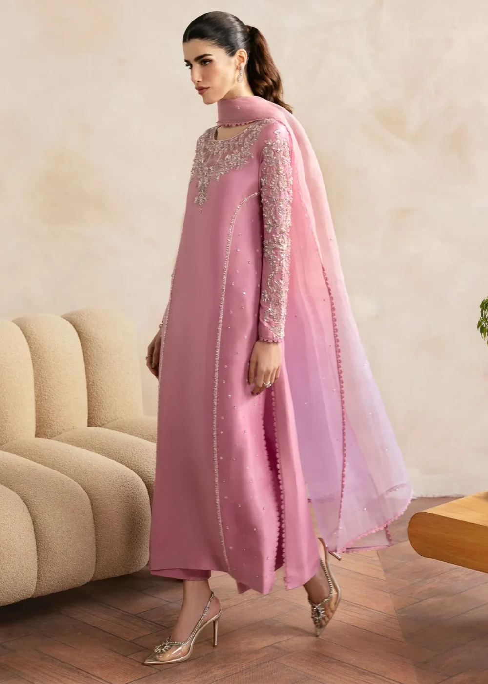 Arden Lilac Raw Silk Shirt with Fluid Culottes and Ombre Dupatta