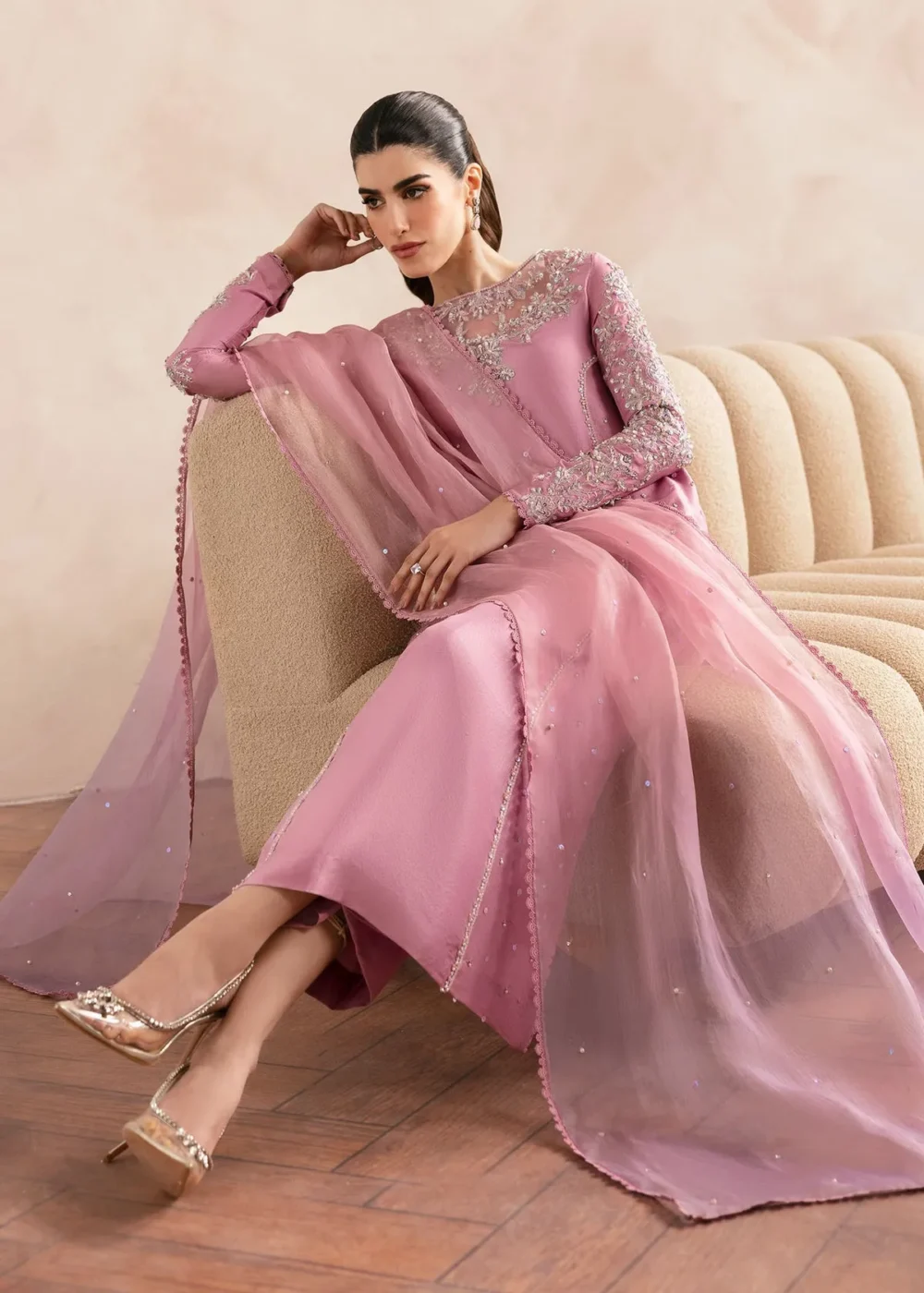 Arden Lilac Raw Silk Shirt with Fluid Culottes and Ombre Dupatta