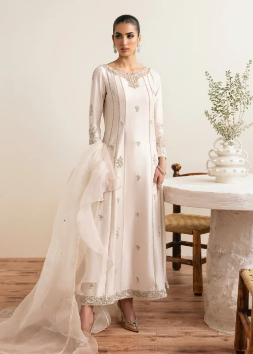 Friya Ivory Raw Silk A-Line Shirt with Culottes and Ruffled Dupatta