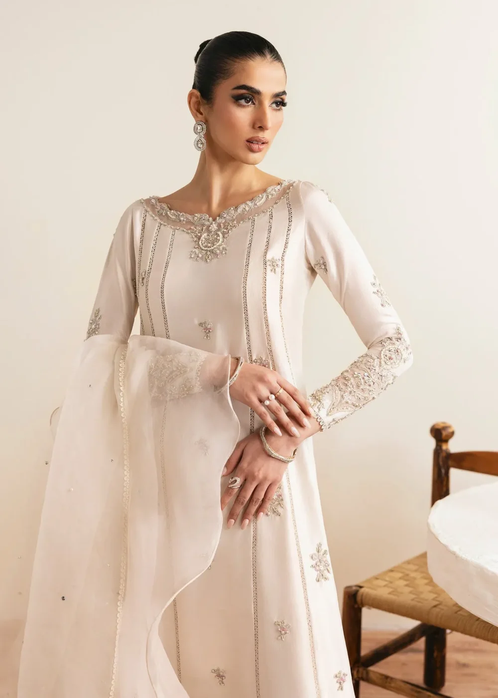 Friya Ivory Raw Silk A-Line Shirt with Culottes and Ruffled Dupatta